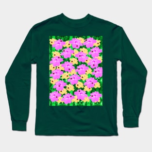 Pink and yellow flowers, ladybugs and leaves pattern Long Sleeve T-Shirt